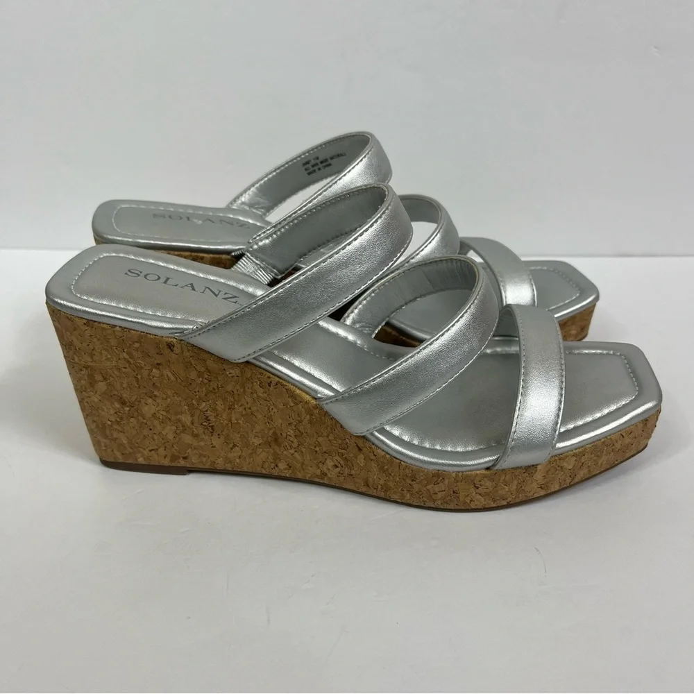 Solanz Jimmy Silver strappy cork platform wedges